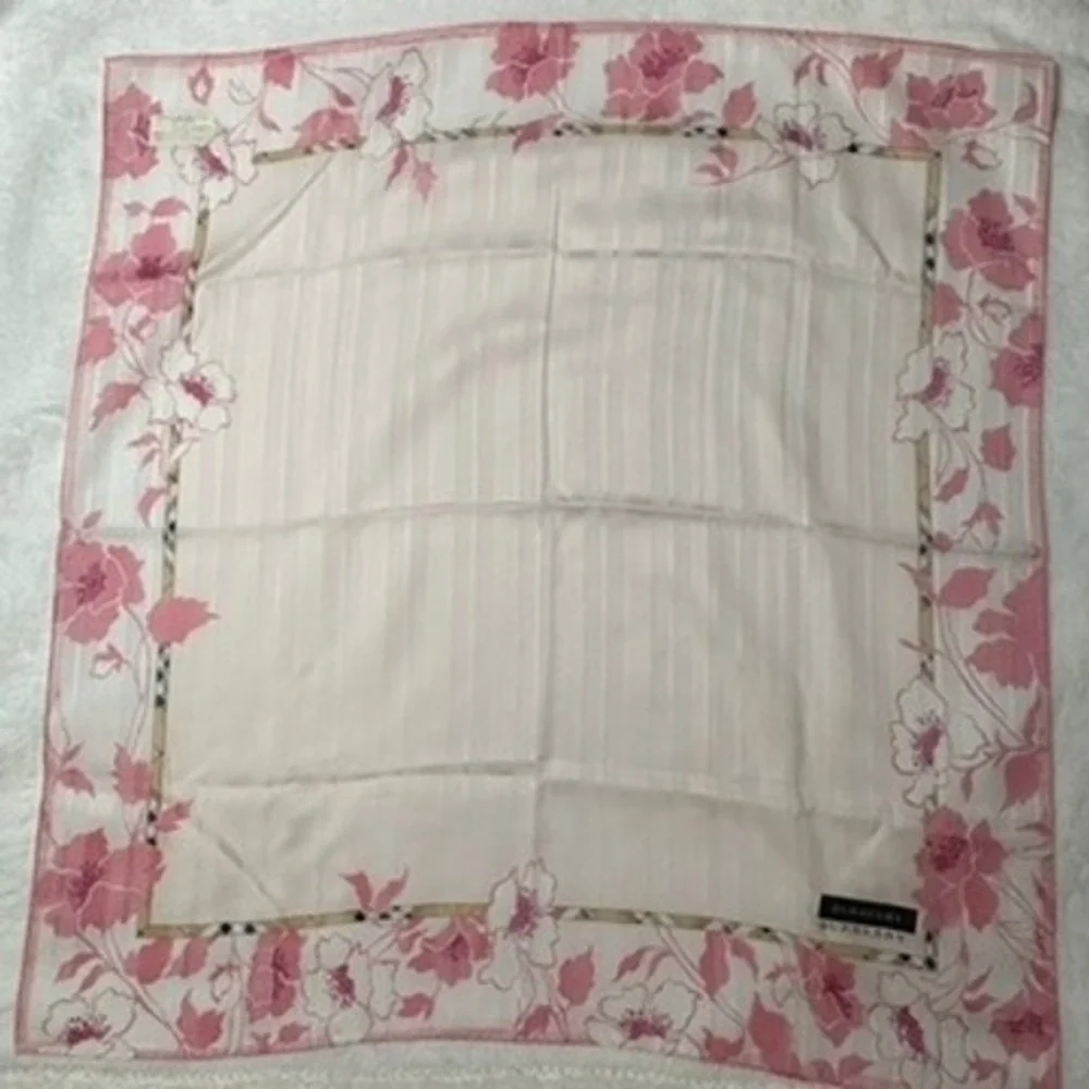 Vtg BURBERRY Scarf Handkerchief Floral Rose Cotton Pink White 19